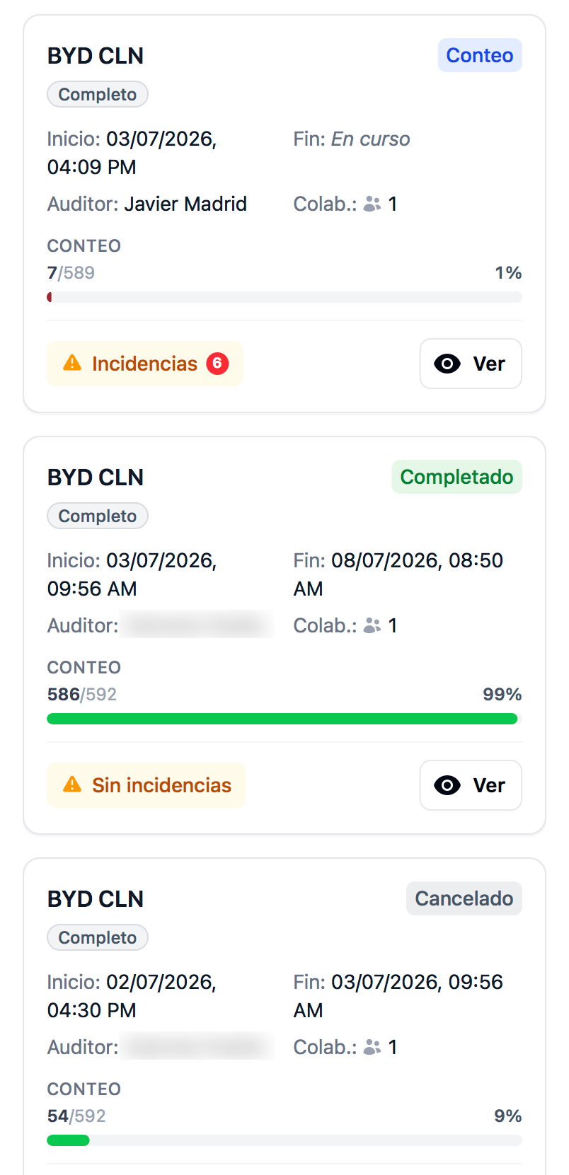 Lista de inventarios con avance e incidencias