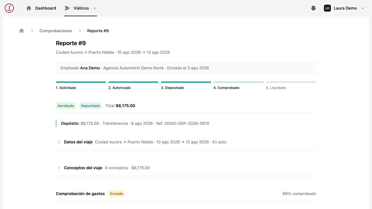 Detalle de un reporte de viaje con ruta, depósito y avance del proceso